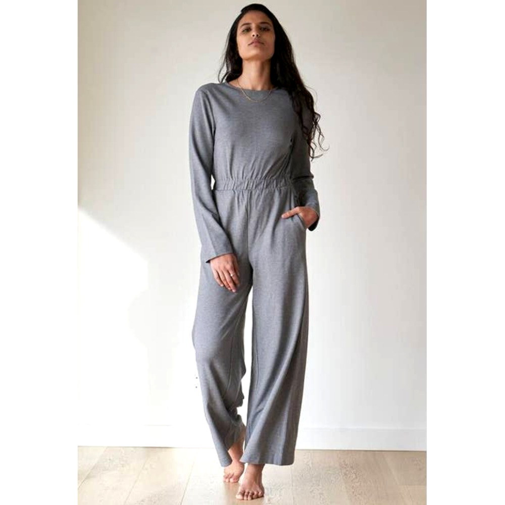 Gray Long-Sleeve Wide-Leg Jumpsuit - Unbranded